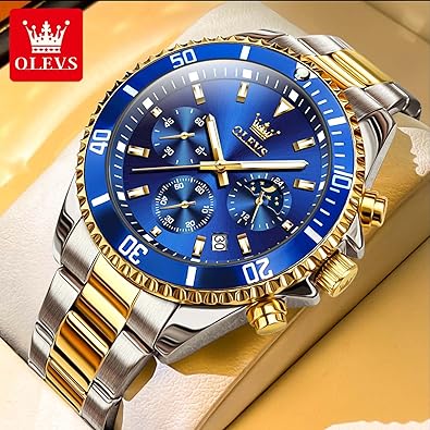 OLEVS Mens Watches Chronograph Luxury Dress Moon Phase Quartz Stainless Steel Waterproof Luminous Business Calendar Wrist Watch Black Dial Code 126
