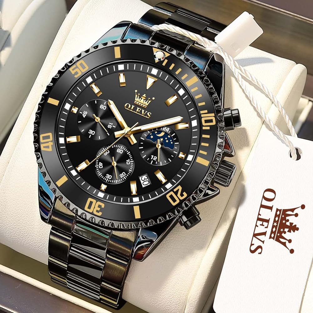 OLEVS Mens Watches Chronograph Luxury Dress Moon Phase Quartz Stainless Steel Waterproof Luminous Business Calendar Wrist Watch Black Dial Code 122