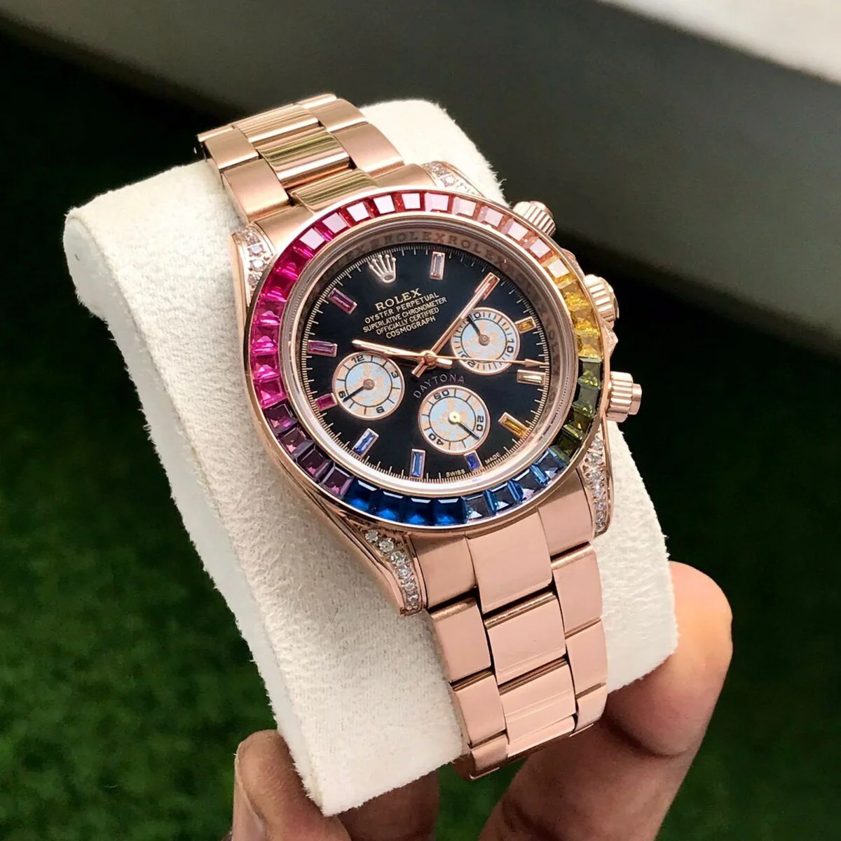 Rolex Cosmograph Daytona Rainbow Rose Gold Diamond Bezel Black Dial High Quality Master grade Automatic Watch Code-250