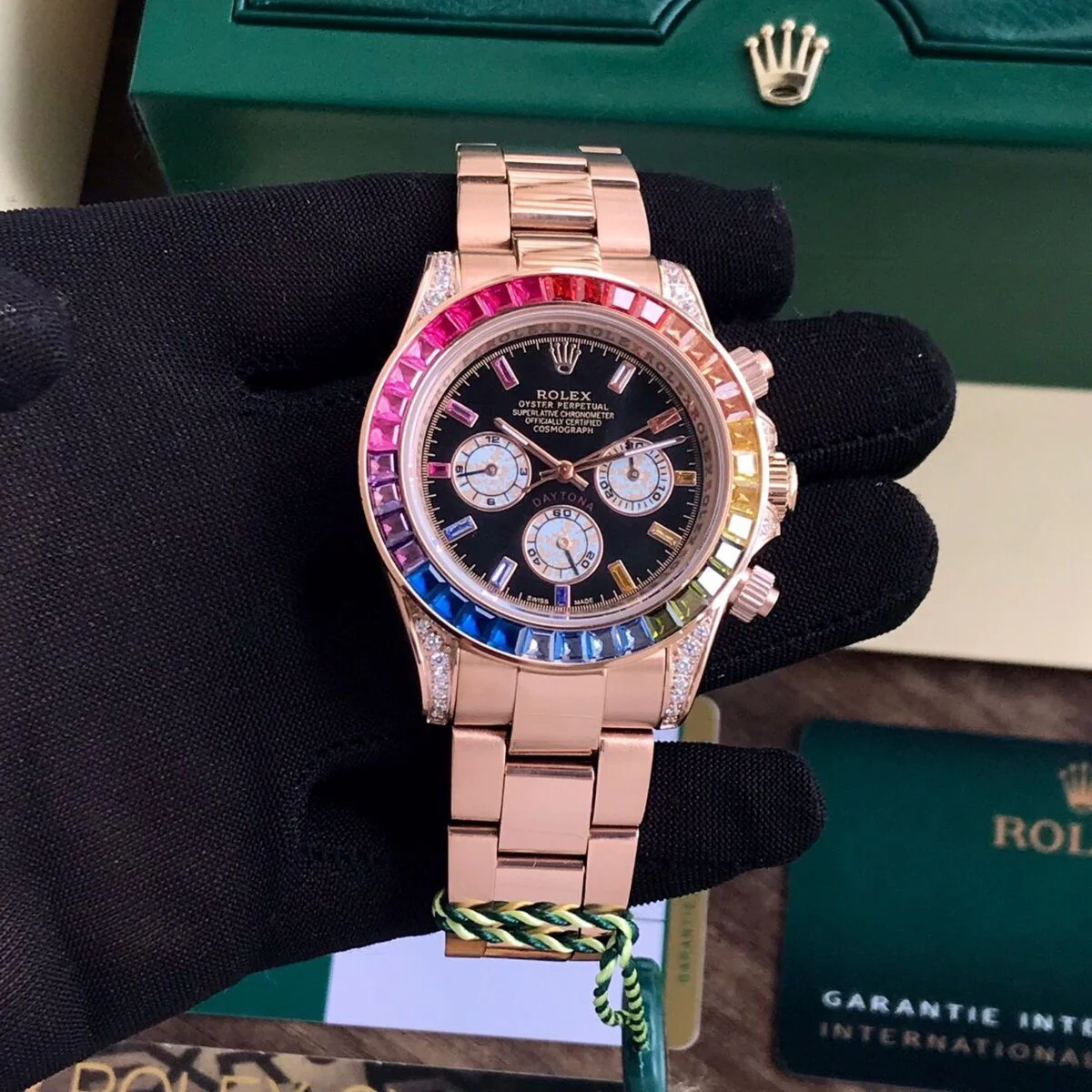 Rolex Cosmograph Daytona Rainbow Rose Gold Diamond Bezel Black Dial High Quality Master grade Automatic Watch Code-250 - Image 2
