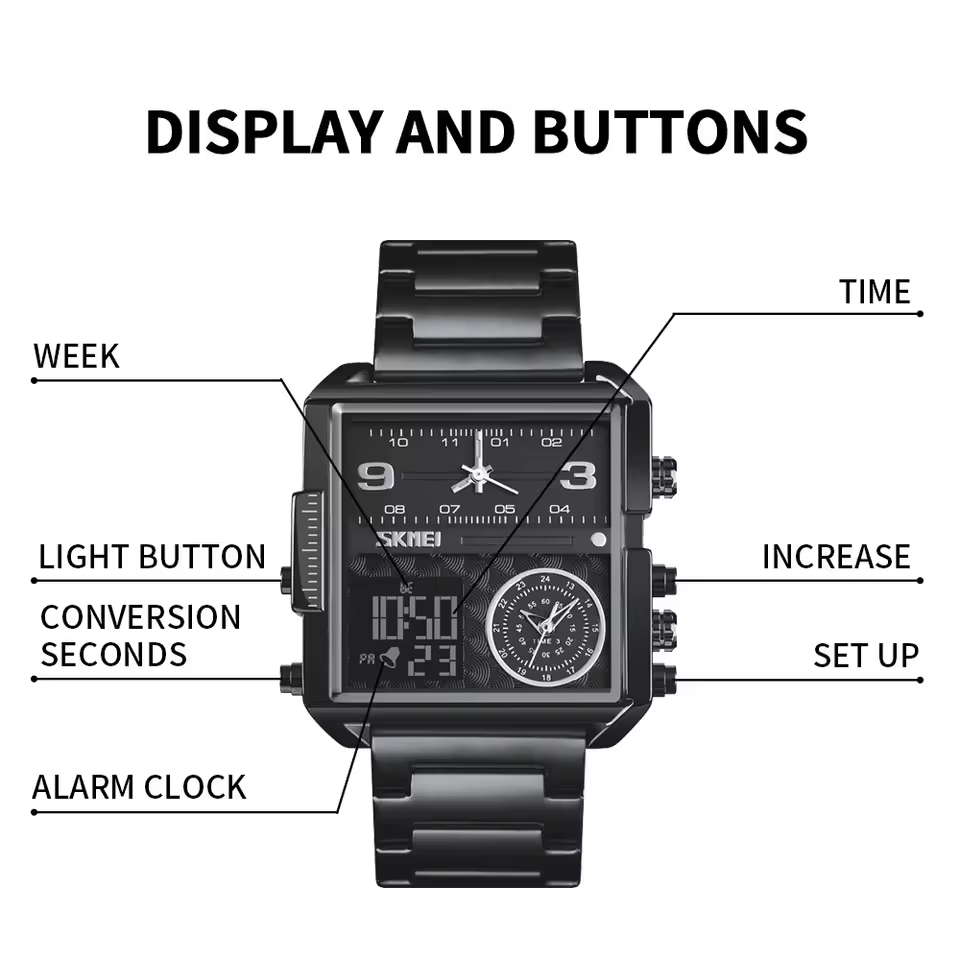 SKMEI 1584 Analog Digital 3 Time Sports Black Watch Code-347 - Image 3